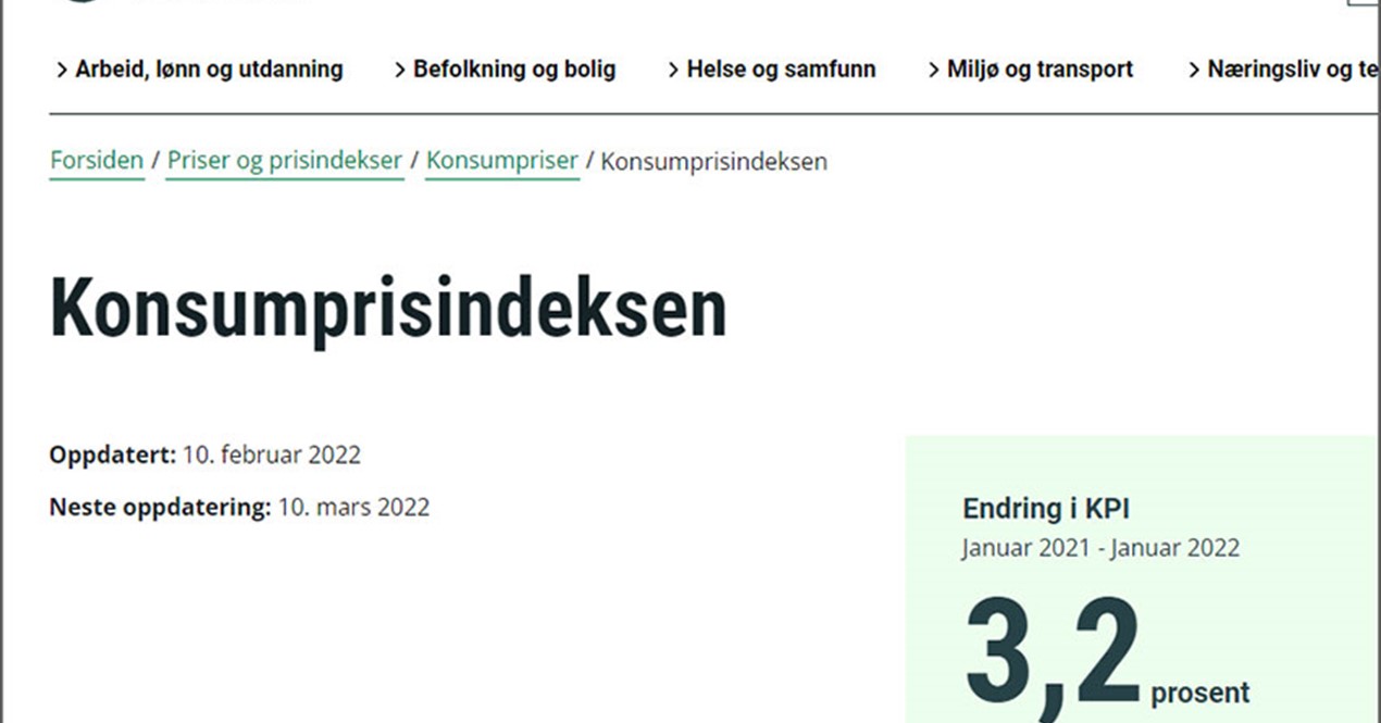 Skjermbilde av Statistisk sentralbyrås sin hjemmeside om konsumprisindeksen