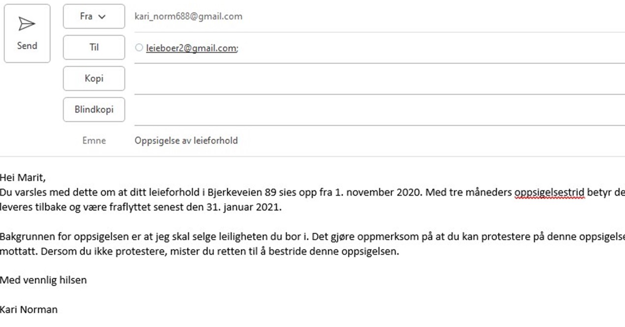E-postutkast med emne: Oppsigelse av leieforhold.