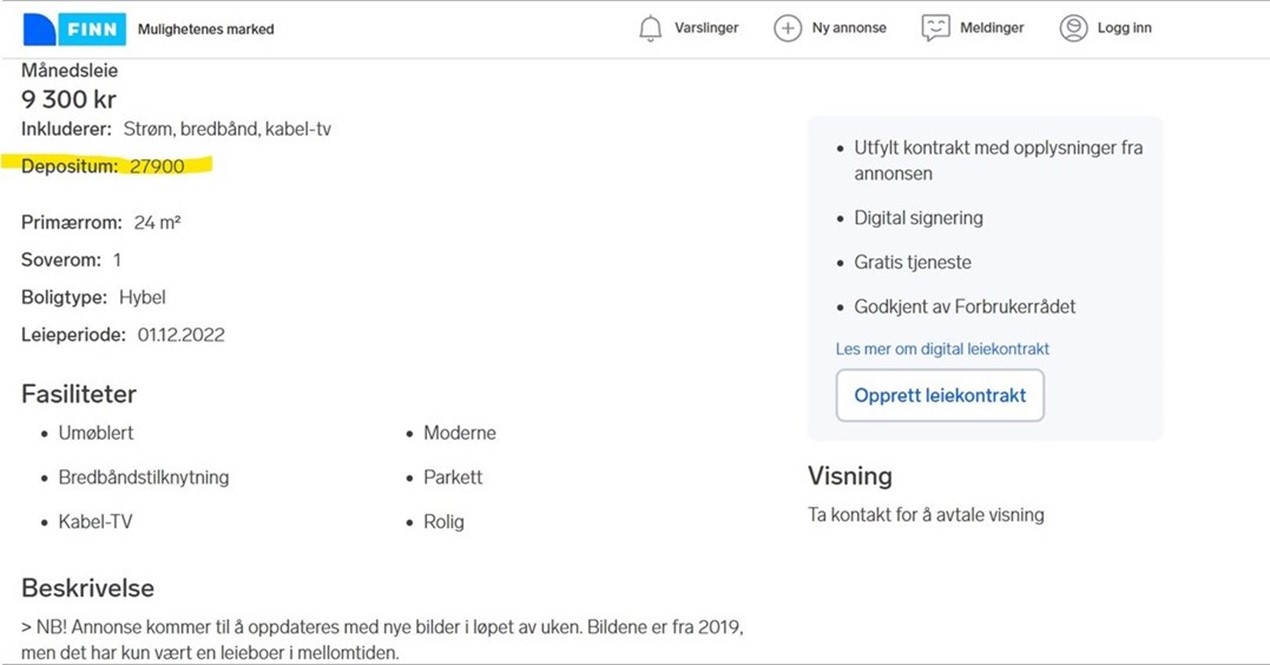 Bilde av annonse fra finn.no