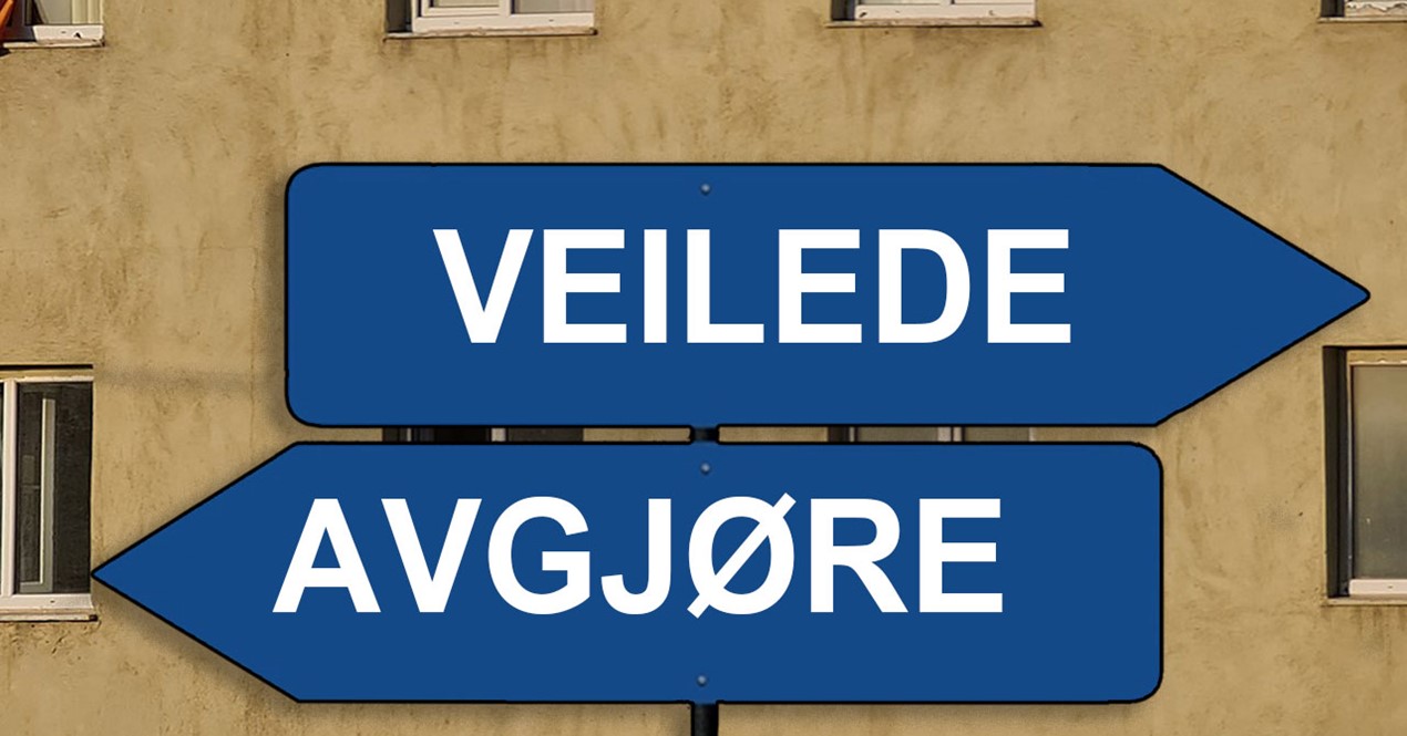 To skilt som peker i hver retning og hvor det ene har teksten veilede og det andre avgjøre.