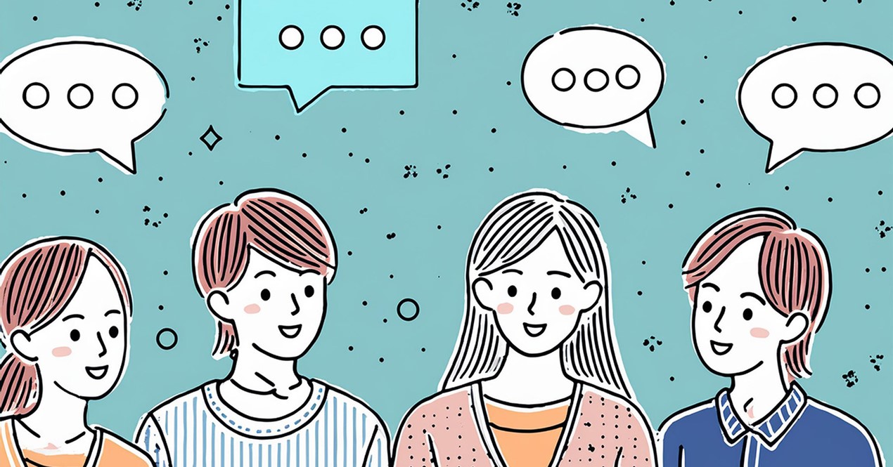 Illustrasjon av unge voksen som prater sammen.