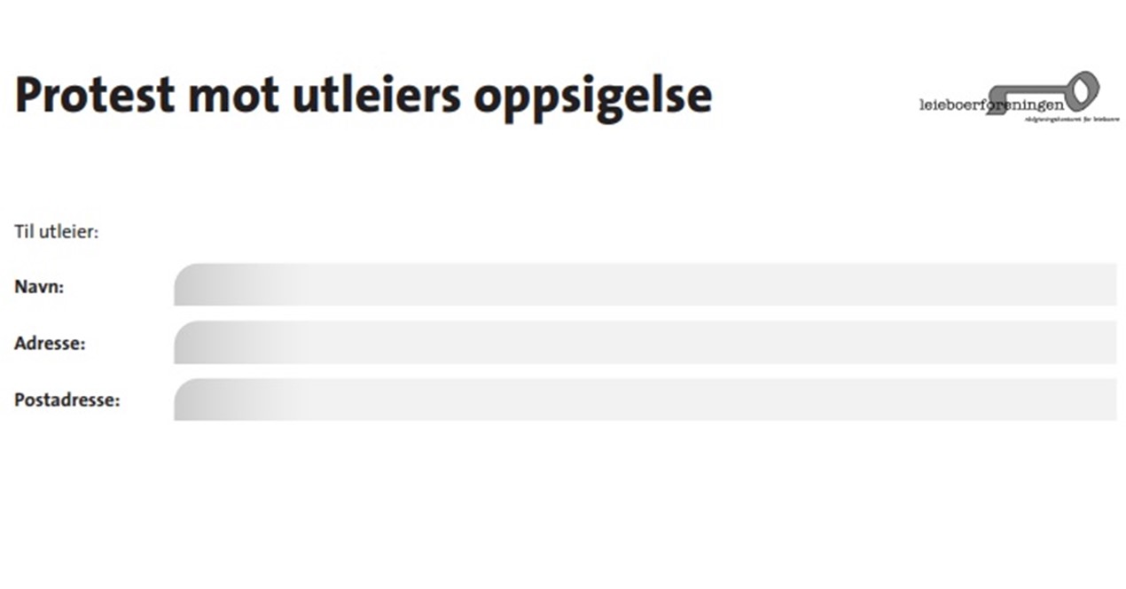 Øvre halvdel av mal for protest mor utleiers oppsigelse. Adressefelt "til utleier" med Leieboerforeningens logo øverst til høyre og under