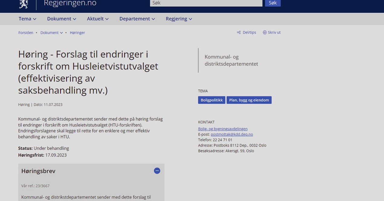Skjermdump fra kommunaldepartementets hjemmeside om forslag til endringer i HTU-forskriften