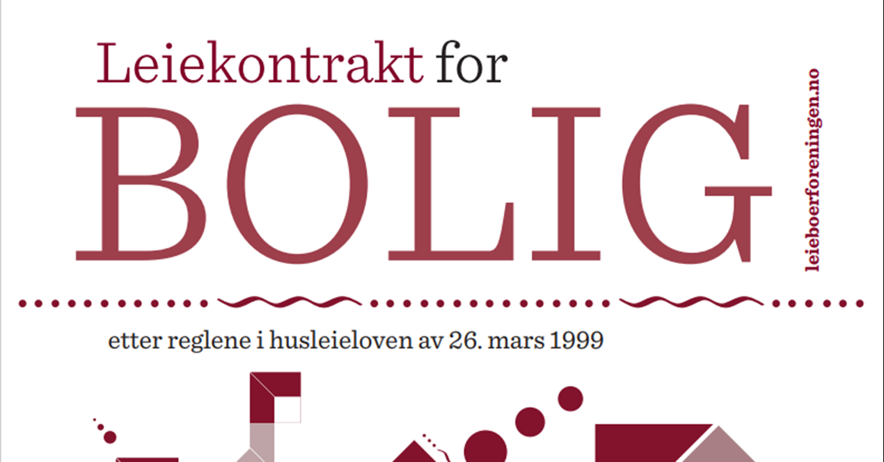 Forside av Leieboerforeningens leiekontraktmal med tekst: Leiekontrakt for Bolig, Leieboerforeningen.no, etter reglene i husleieloven av 26.mars 1999