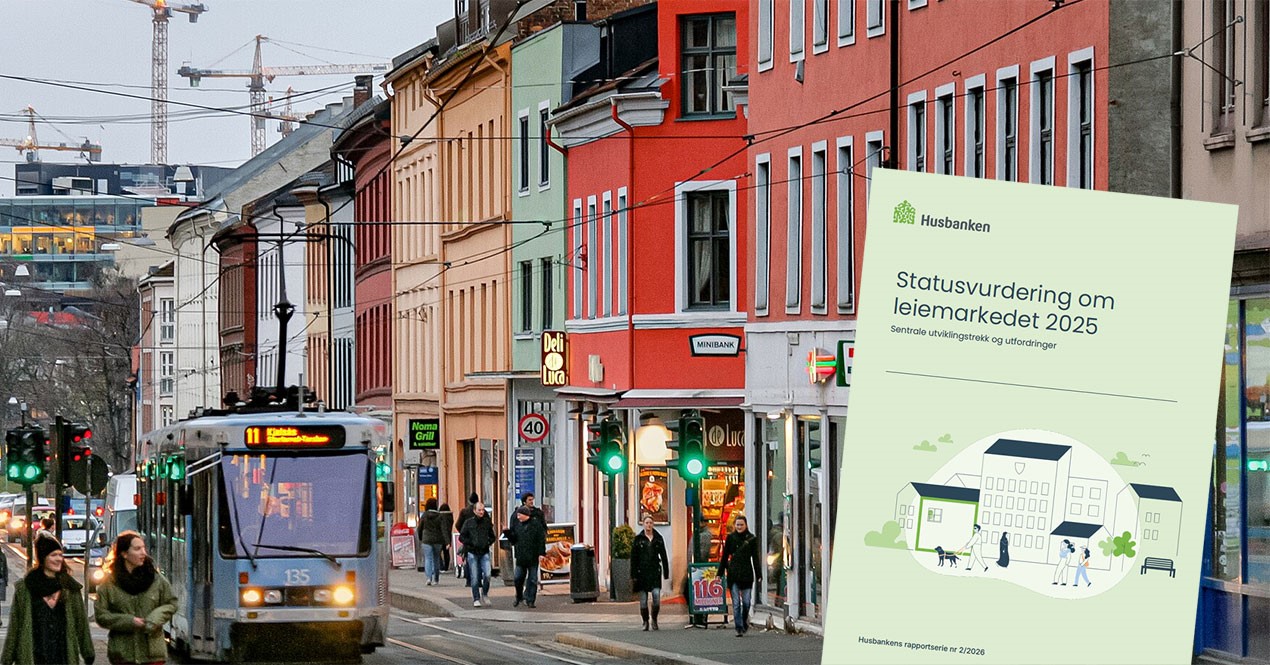 Bilde fra Grunerløkka med faksimile av rapporten statusvurdering om leiemarkedet 2025.
