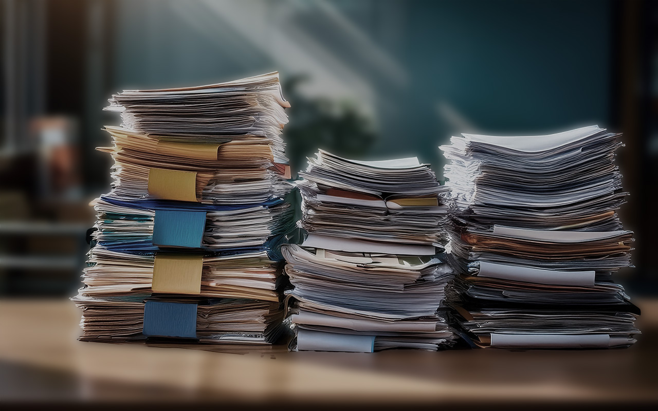 KI-generert bilde av et skrivebord med mange rapporter