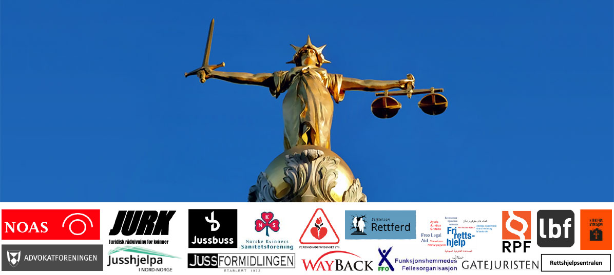 Logoene til de 16 organisasjoner som krever bedre rettshjelp for økonomisk svakstilte  