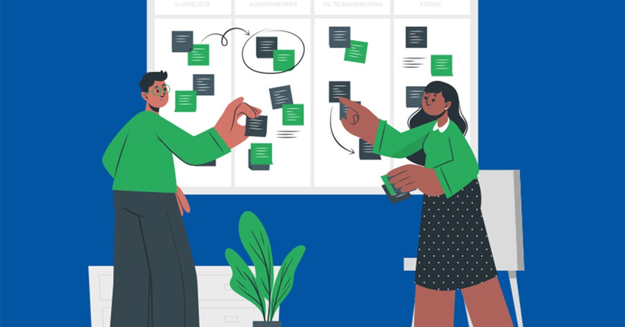 Illustrasjon av to beboere som henger opp postIT.lapper på en tavle